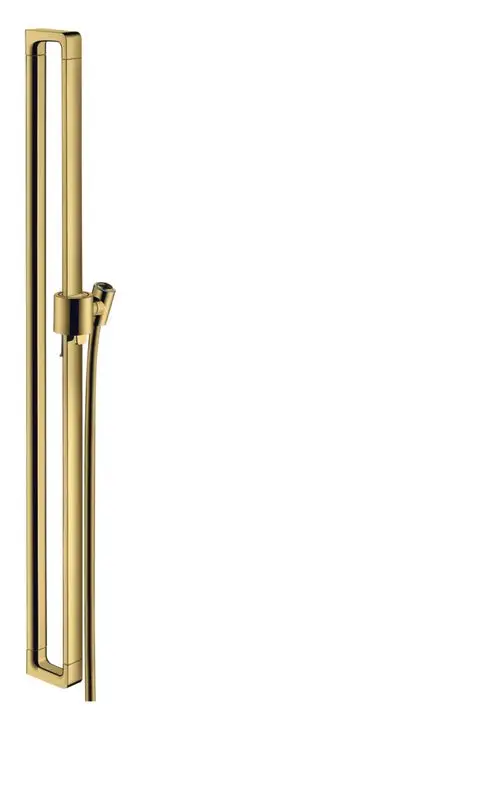 Axor Duschstange mit Handbrause, Auslauf und Schlauch in polierter Gold-Optik, senkrecht montiert, für moderne Badezimmergestaltung.